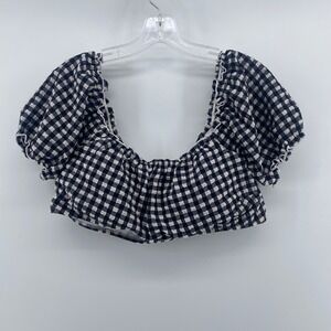 Aerie Gingham Puff Sleeve Bikini Top Black White Textured Swim XL NWT